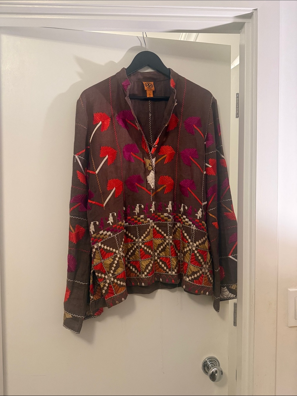 Tory Burch Bohemian Embroidered Brown Tunic with Red & Pink Accents